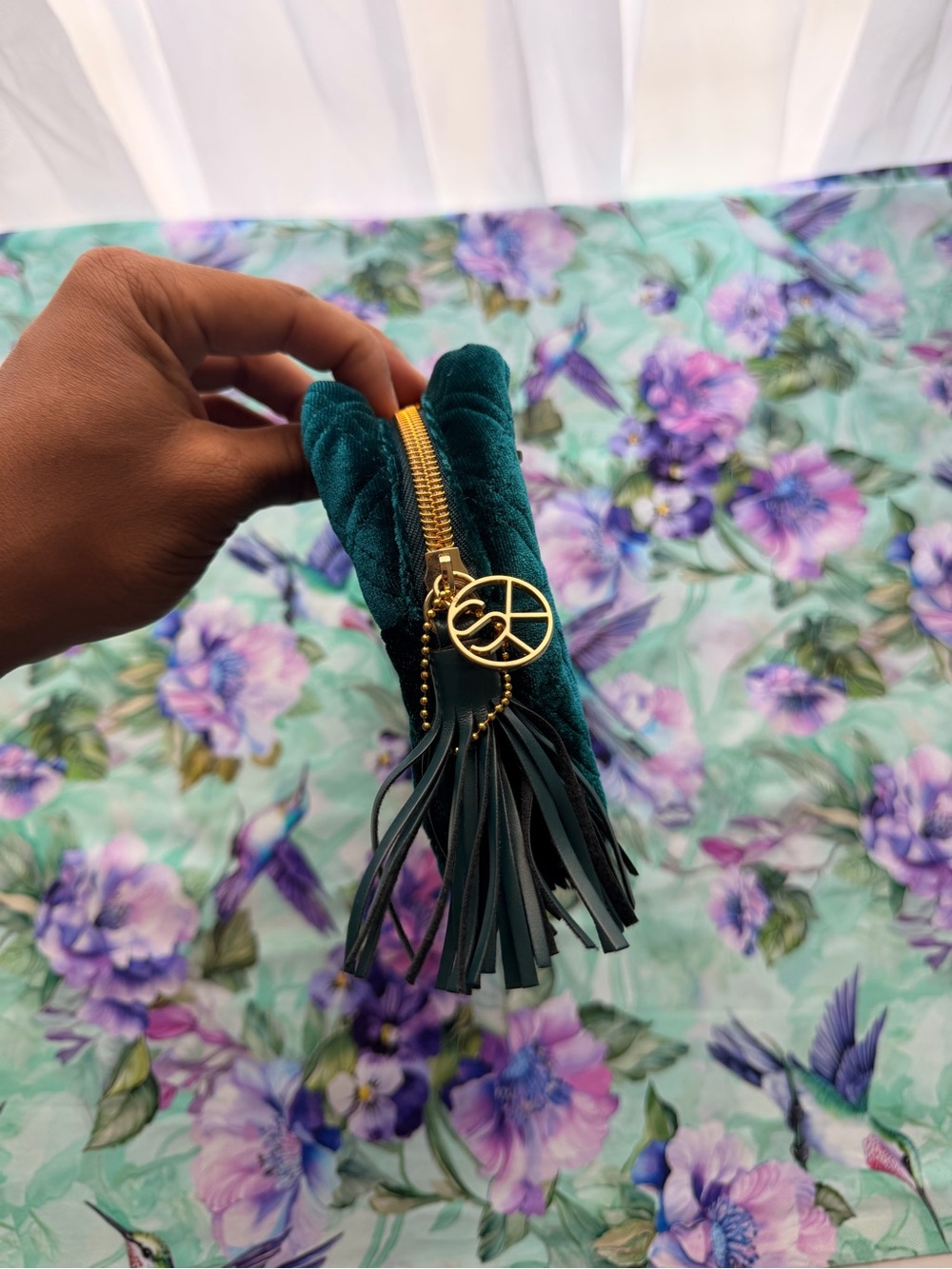 Quilted Velvet Teal Makeup Bag with Tassel - Picture 5 of 8